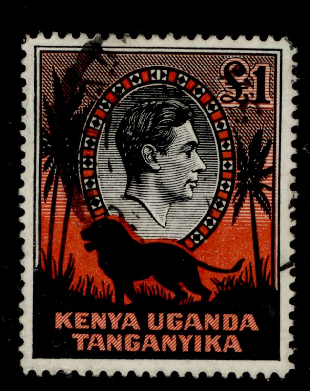 KENYA UGANDA TANGANYIKA GVI SG150a, £1 black and red, FINE USED. Cat £25.