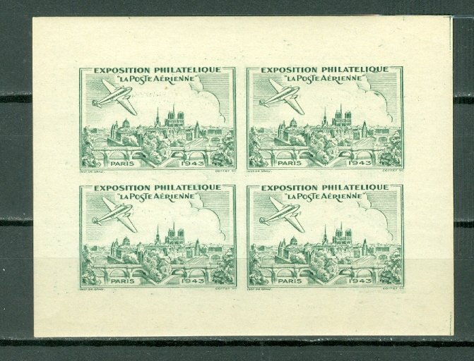 PARIS 1943 AIR STAMPS EXPO..POSTAL CARD + IMPERF BLK of SOUVENIR VIGNETTES MNH