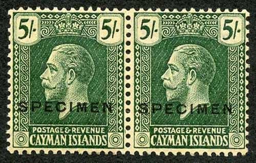 Cayman Is SG82s 5/- wmk Script PAIR (no gum) Opt SPECIMEN Type D17