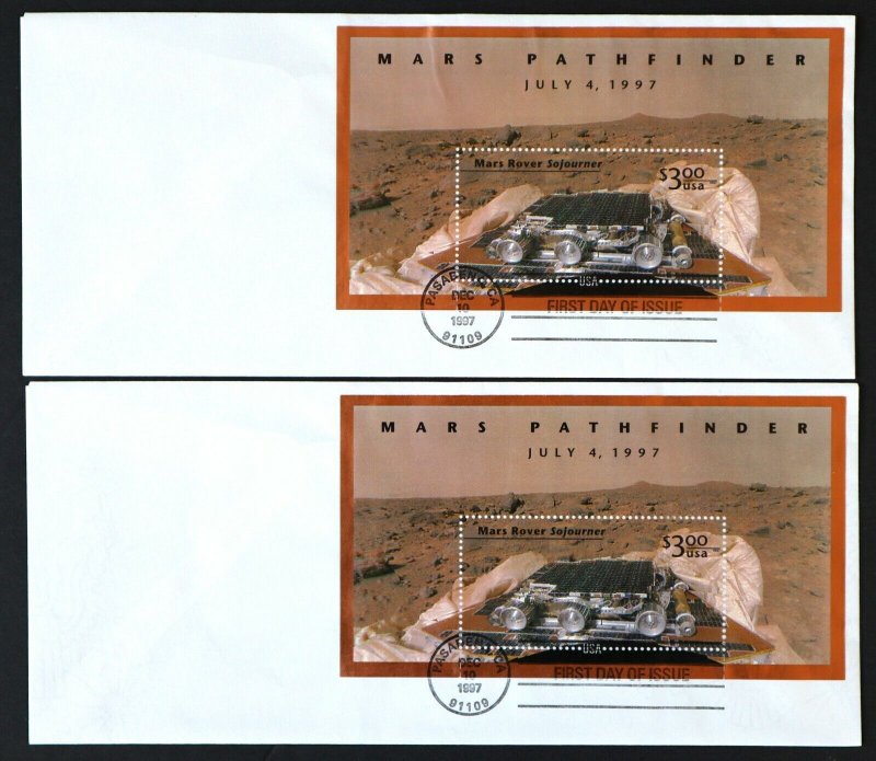 U.S. Used #3178 $3.00 Mars Pathfinder Souvenir Sheet Lot of 2 First Day Covers