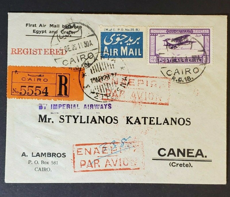 1929 Cairo Egypt to Crete Greece Registered First Flight Air Mail Cover  