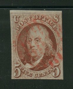 US Scott 1  Franklin used stamp red grid cancel