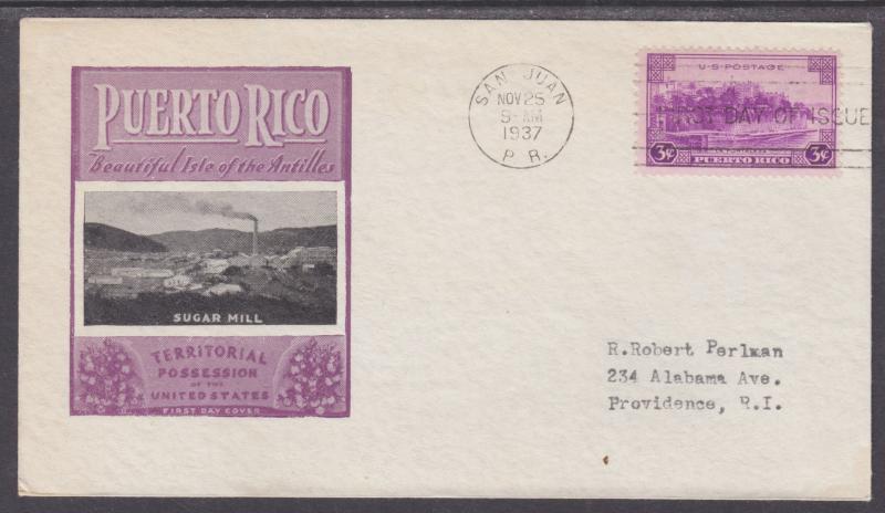 US Planty 801-45b FDC. 1937 3c Puerto Rico, Ioor Sugar Mill Cachet 