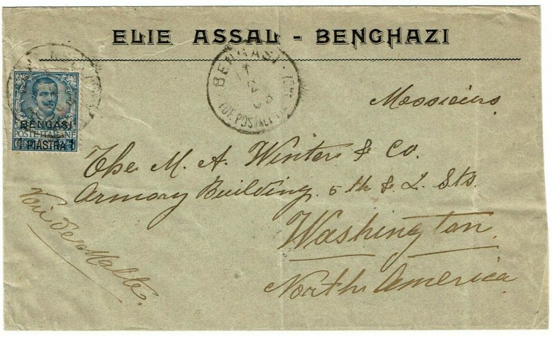 Italy Offices in Africa 1908 cover, Bengasi to the U.S Scott 1