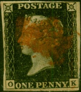 GB 1840 1d Penny Black SG2 Pl. 4 (O-K) Fine Used 4 Good Margins Red MX