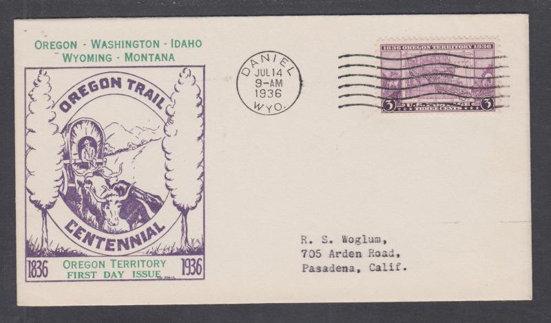 US Planty 783-21f FDC.1936 3c Oregon Trail Centennial, Top Notch cachet