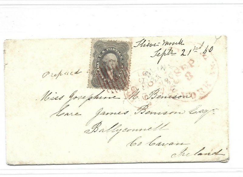 United States Scott 37 24-cent Washington on 1860 cover to Ireland