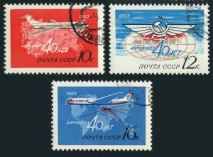 Russia C101-C103, CTO. Michel 2720-2722. Aeroflot, 40th Ann. 1963. Jet, Maps.