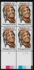 1984 Douglass Fairbanks Plate Block of 4 20c Postage Stamps, Sc# 2088, MNH, OG