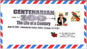 US SPECIAL EVENT COVER POSTMARK CENTENARIAN 100 AT DURANGO COLORADO 2000 T2