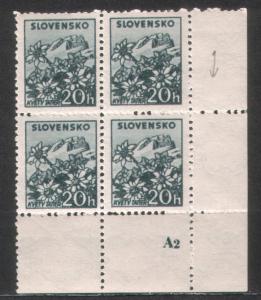 Slovakia 1940 Sc#47 Edelweiss Plate A2 Block of 4 MNH