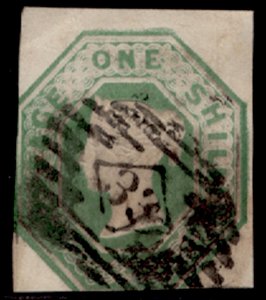 GB QV SG55, SCARCE 1s green CUT SQUARE, USED. Cat £1000.