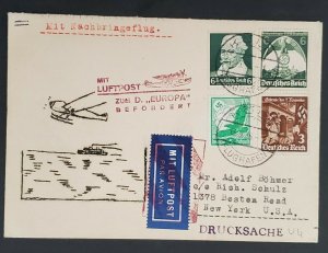 1936 Koln Germany to New York USA D Europa Ship Air Mail Make Up Flight Cover