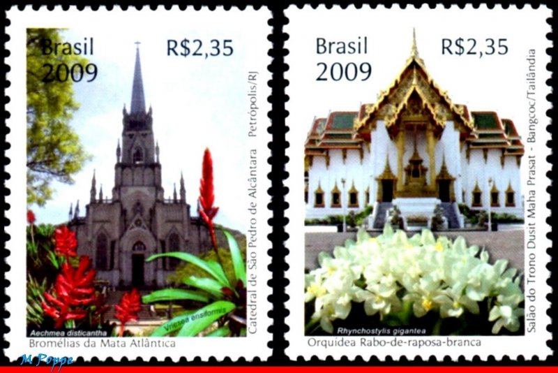 3074-75 BRAZIL 2009 THAILAND DIPLOMATIC RELATIONS, FLOWERS, CHURCHES, SET MNH