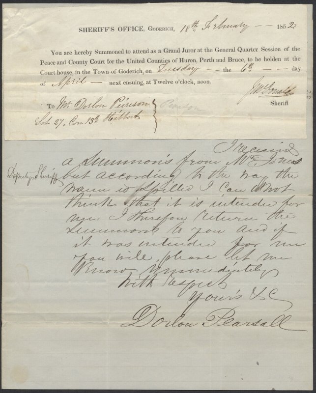 1852 Stampless SFL Manuscript Postmark Hay (Huron-UC) to Goderich Jurors Summons