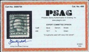 VERY AFFORDABLE GENUINE SCOTT #498 USED 1917 GREEN PSAG CERT FLAT PLATE #17042