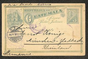 GUATEMALA H&G #3 POSTAL CARD GUATEMALA TO MUNCHEN GLADBACH GERMANY 1906