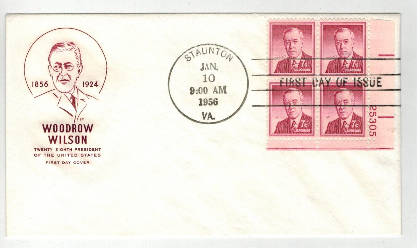 Farnam PLATE BLOCK Liberty Series 1040 WOODROW WILSON Staunton