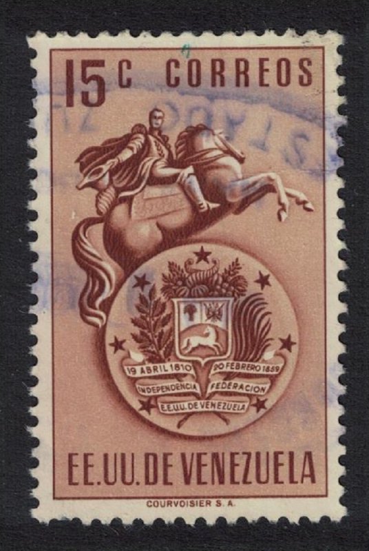 Venezuela Arms of Venezuela and Bolivar Statue 15c Violet 1951 Canc SC#501