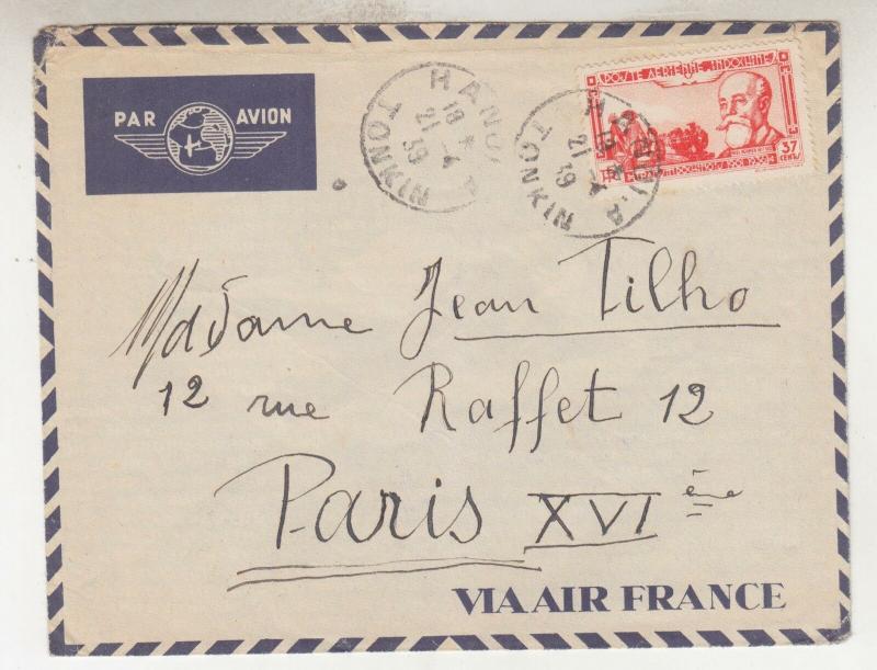 FRENCH INDO CHINA, 1939 Airmail cover, Hanoi to France, 37c.