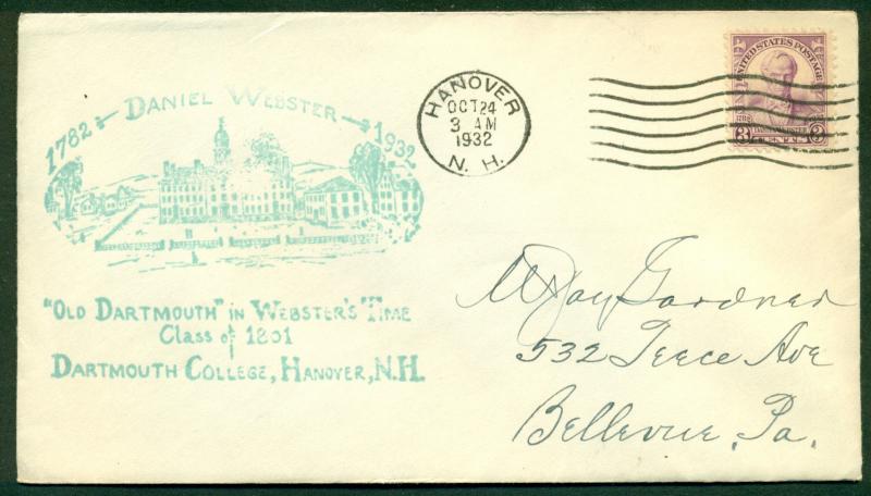 SCOTT # 725 FDC, DARTMOUTH COL. CACHET, SCRIPT ADDRESS, HANOVER, NH, GREAT PRICE