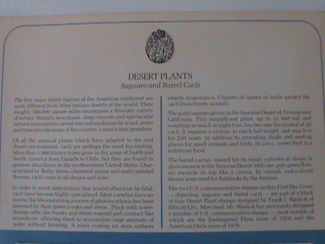 ​UNITED STATES 1981-DESERT PLANTS FDC WITH HISTORY PAGE-MNH VF-LAST ONE