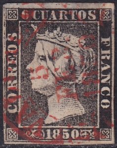 Spain 1850 Sc 1b used Valencia date (baeza) cancel type I position 21 thin