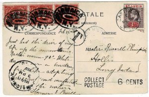 St. Lucia 1905 Castries cancel on postcard to the U.S., postage due