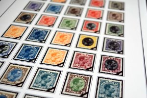 COLOR PRINTED DENMARK [CLASS] 1851-1955 STAMP ALBUM PAGES (27 illustrated pages)