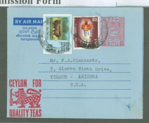 Ceylon  Used Aerogramme 1971 50c + 25c in stamps from Peradeniya to USA, Comm'l