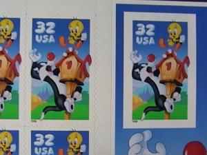 U.S.# 3205-MNH-PANE 10-LOONEY TUNES/SYLVESTER &TWEETY-IMPERF SINGLE VARIETY-1997