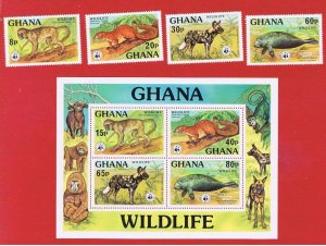 Ghana #621-625  MNH OG   Wildlife w/ Souvenir Sheet  Free S/H