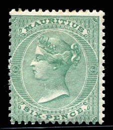 Mauritius #37 (SG 65) Cat£250, 1863 6p blue green, heavy hinge remnant