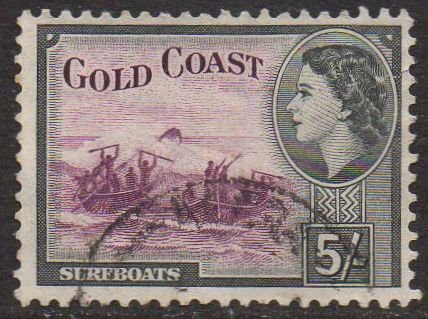 Gold Coast 1954 5/- purple and black used