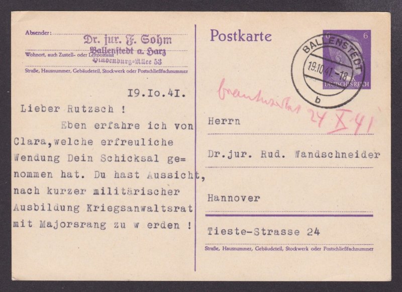 GERMANY 1941, Postcard Mi #P299 from Ballenstedt to Hannover