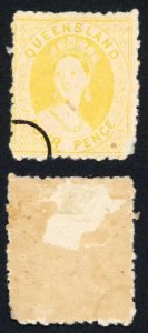 Queensland 1874 4d Proof in yellow No wmk Perf 13 SCARCE (with gum) with ring c