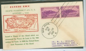 US 801 1937 3c Puerto Rico (part of the US Possession series) on an addressed (stencil) fdc with a Kapler cachet.