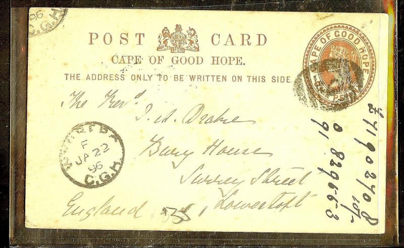 CAPE OF GOOD HOPE (P2605B) 1896 QV1D PSC BONC TO ENGLAND