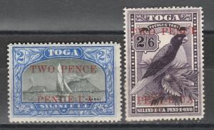 TONGA 1923 TWO PENCE OVERPRINTD 2/- AND 2/6