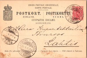 Finland 10p Arms Postal Card 1899 S:t Michel - Mikkeli to Lahti.  Stains at b...