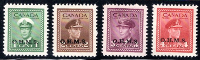 O1-O4 MLHOG, VF/XF Set of O.H.M.S. o/p - War Issue, 1942-43, KGVI, Canada Stamps