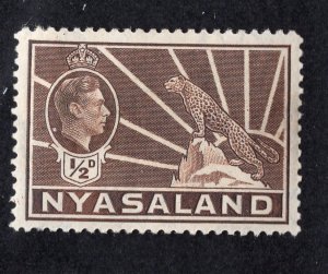 Nyasaland Protectorate 1942 1/2p dark brown George VI, Scott 54A MH, value = 25c