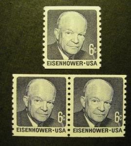 Scott 1401, 6c Eisenhower, Pair & Single, shiny gum, MNH