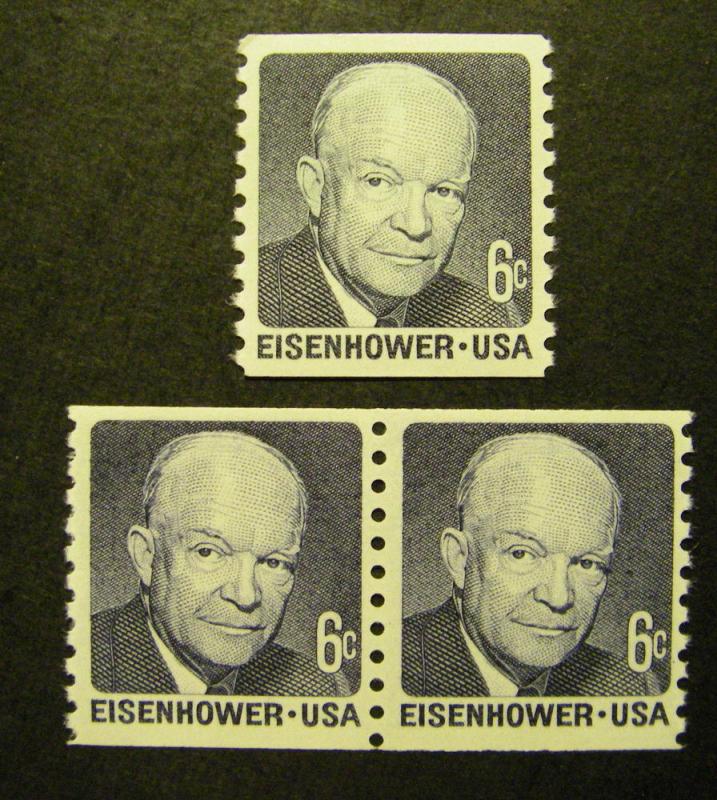 Scott 1401, 6c Eisenhower, Pair & Single, shiny gum, MNH