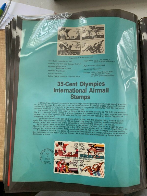 USPS Souvenir Page Scott, 1983 35c Olympics in trinational airmail  stamps