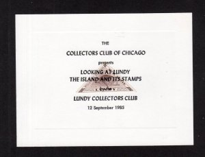 LUNDY: LUNDY STAMP ON 1985 COLLECTORS CLUB OF CHICAGO LSS SOUVENIR