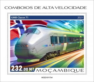 Mozambique - 2021 Speed Trains and Flags - Stamp Souvenir Sheet - MOZ210117b4