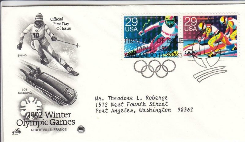 1992, Winter Olympic Games-Skiing & Bobsledding, Artcraft/PCS, FDC (D15363)