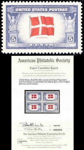 920a, MNH 5¢ Denmark Reverse Printing of Flag Colors With APS Cert - Stuart Katz