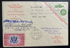 1936 Reynosa Tamps Mexico First Rocket Flight Mail cover To McAllen USA Signed O